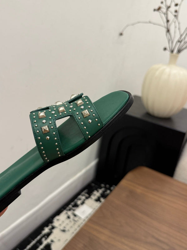 HM 26s Oran Studded Sandals In Emerald Green Calfskin