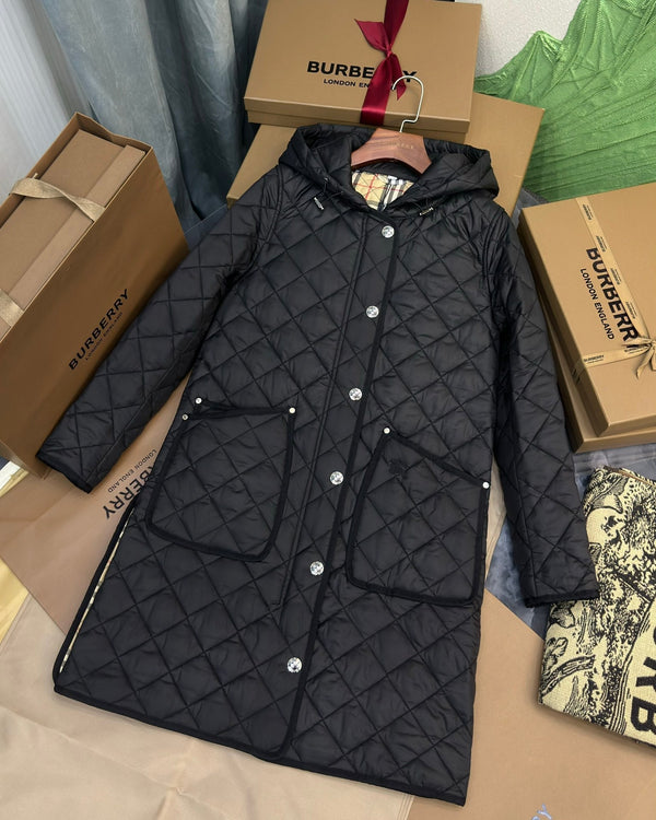 Burberry 25 Quilted Hooded Long Coat Black Polyester Cotton