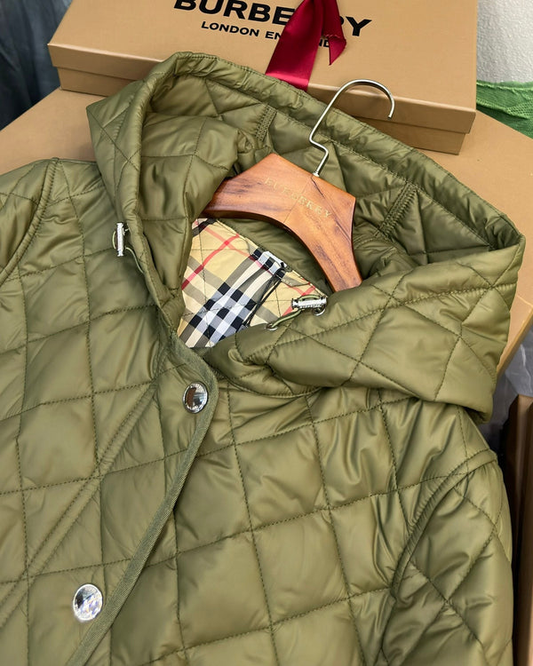 Burberry 25 Quilted Hooded Long Coat Green Polyester Cotton