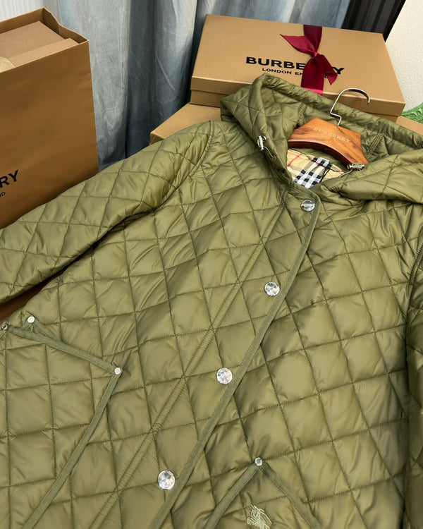 Burberry 25 Quilted Hooded Long Coat Green Polyester Cotton