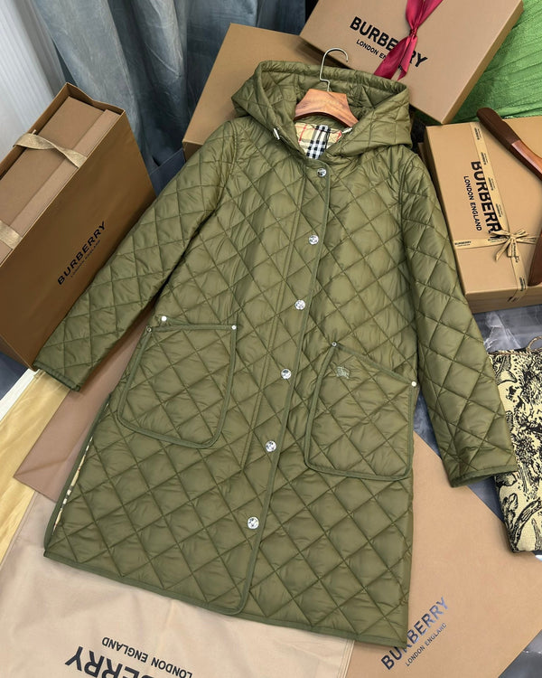 Burberry 25 Quilted Hooded Long Coat Green Polyester Cotton