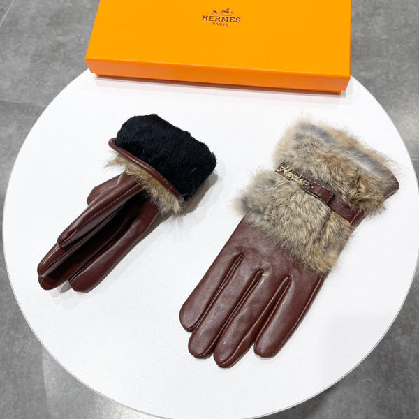 TOUCHSCREEN GLOVES IN CHESTNUT BROWN LAMBSKIN MIX FOX FUR 103797