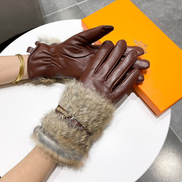 TOUCHSCREEN GLOVES IN CHESTNUT BROWN LAMBSKIN MIX FOX FUR 103797