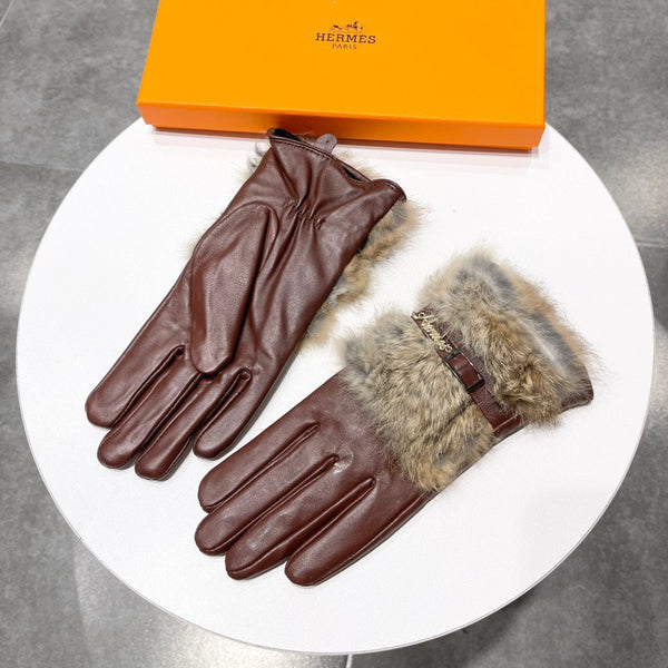 TOUCHSCREEN GLOVES IN CHESTNUT BROWN LAMBSKIN MIX FOX FUR 103797