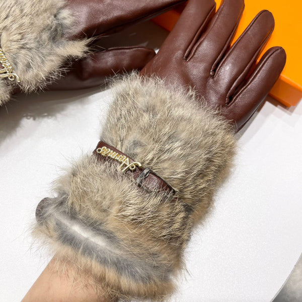 TOUCHSCREEN GLOVES IN CHESTNUT BROWN LAMBSKIN MIX FOX FUR 103797