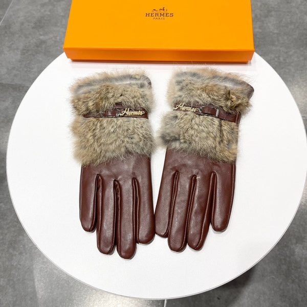 TOUCHSCREEN GLOVES IN CHESTNUT BROWN LAMBSKIN MIX FOX FUR 103797