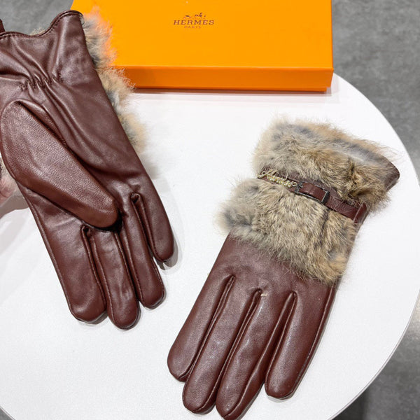 TOUCHSCREEN GLOVES IN CHESTNUT BROWN LAMBSKIN MIX FOX FUR 103797