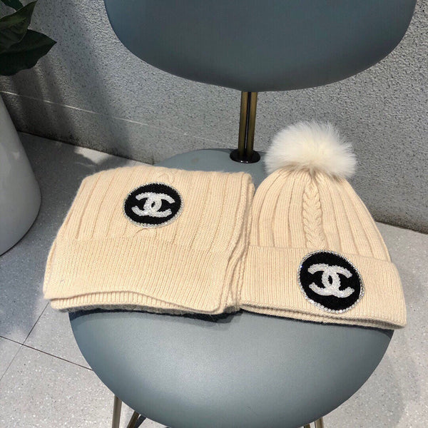 SET BEANIE HAT AND SCARF IN BISQUE BEIGE WOOL 424022