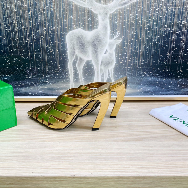 BV Alfie Leather High Mules Gold Woven Calfskin