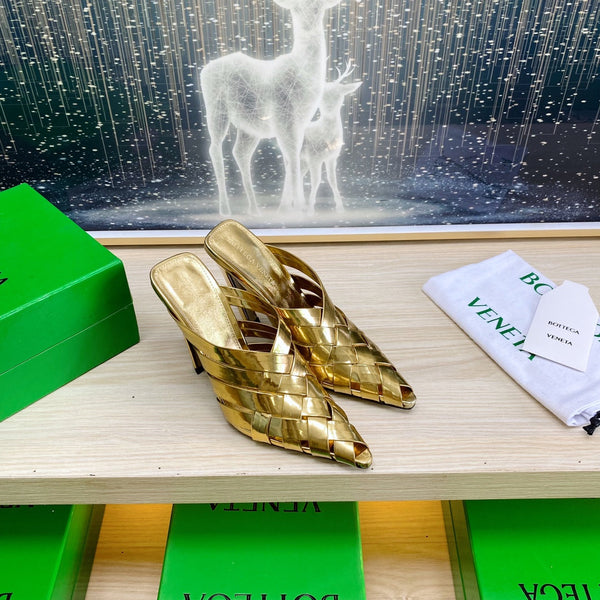 BV Alfie Leather High Mules Gold Woven Calfskin