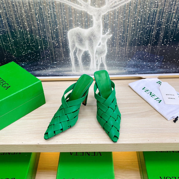 BV 26s Alfie High Mules 90mm Emerald Green Woven Calfskin