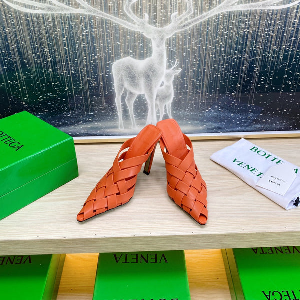 BV 26s Alfie High Mules 90mm Vivid Orange Woven Calfskin