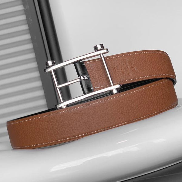 CINTURINO REVERSIBILE IN PELLE MARRONE NERO E BRONZO HM 32 MM FERRAMENTA ARGENTO