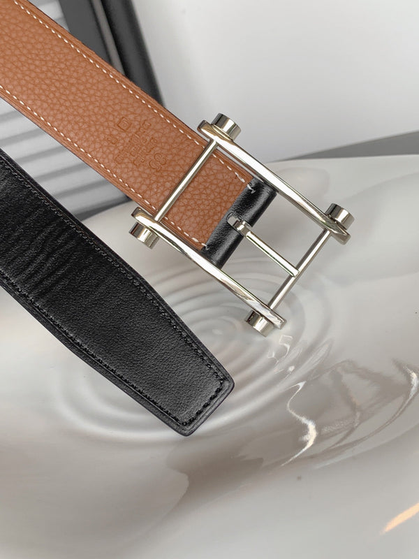 CINTURINO REVERSIBILE IN PELLE MARRONE NERO E BRONZO HM 32 MM FERRAMENTA ARGENTO