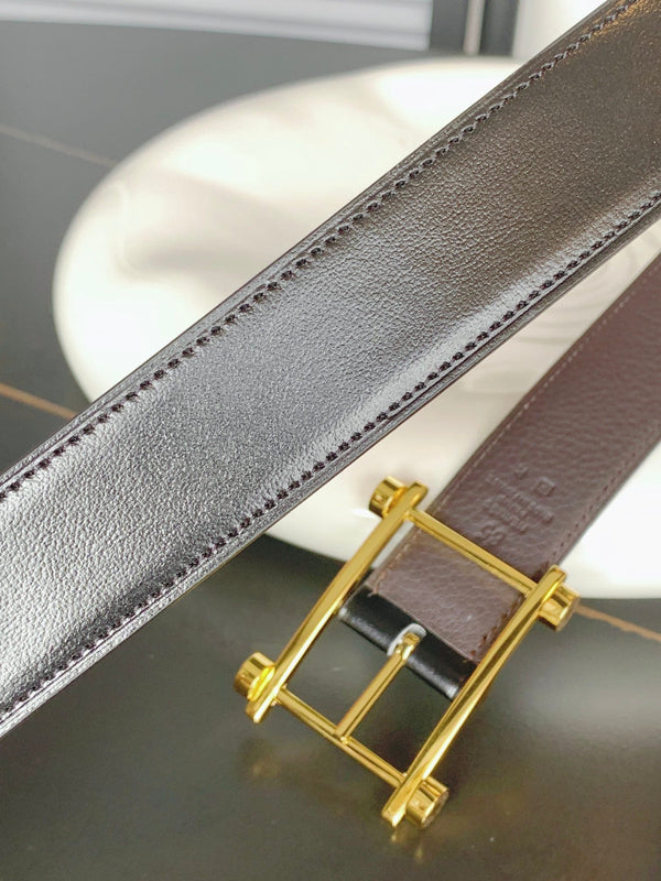 CINTURINO REVERSIBILE IN PELLE NERA E MARRONE CASTAGNO HM 32 MM FERRAMENTA ORO