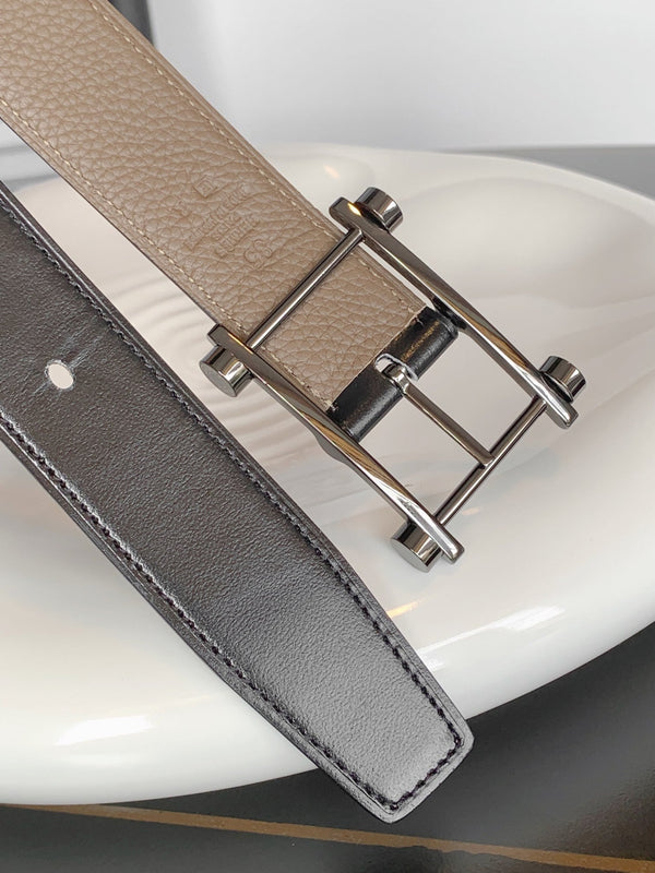 CINTURINO REVERSIBILE IN PELLE NERA E MARRONE CAMMELLO HM 32 MM FERRAMENTA ARGENTO