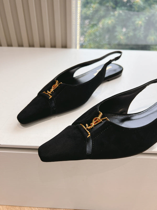SL BABYLONE SLINGBACK FLAT BLACK SATIN