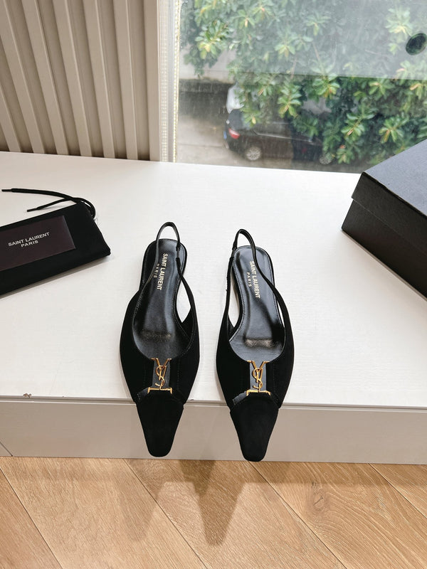 SL BABYLONE SLINGBACK FLAT BLACK SATIN