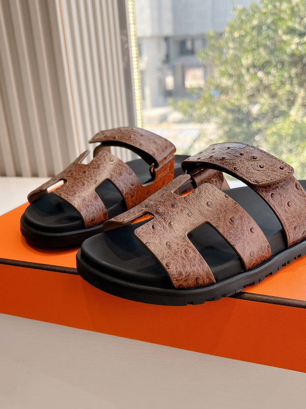 HM Chypre Sandal Walnut Brown Ostrich Leather 202803