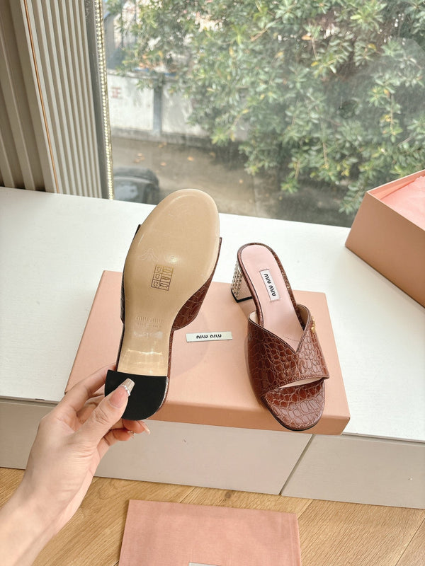 Miu Brown Croc Embossed Slide Sandals with Embellished Heel 223917