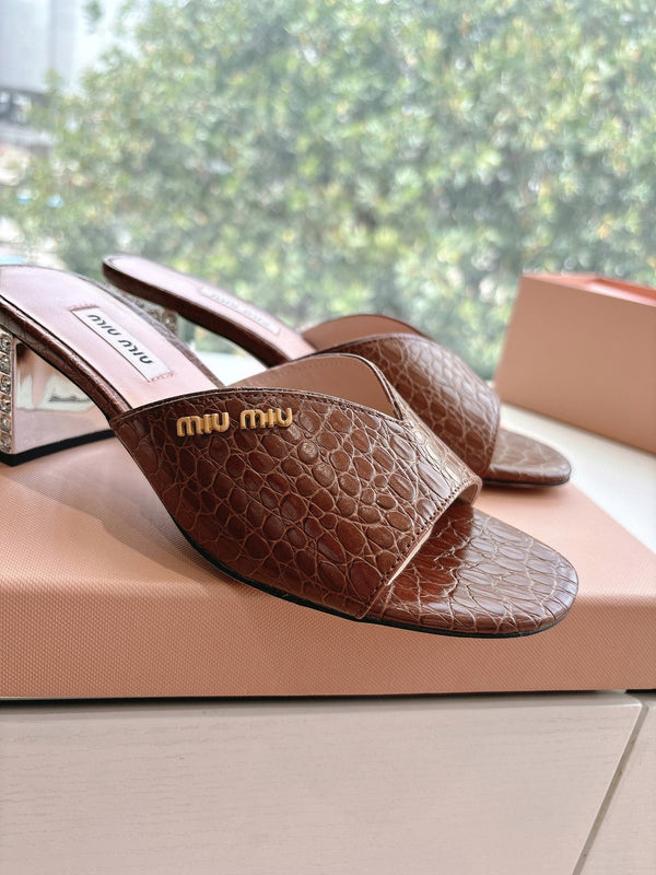 Miu Brown Croc Embossed Slide Sandals with Embellished Heel 223917