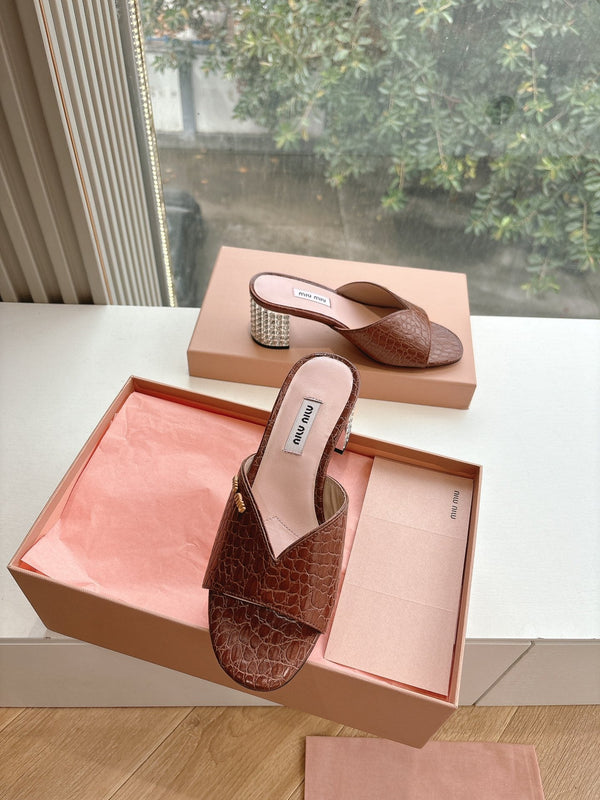Miu Brown Croc Embossed Slide Sandals with Embellished Heel 223917