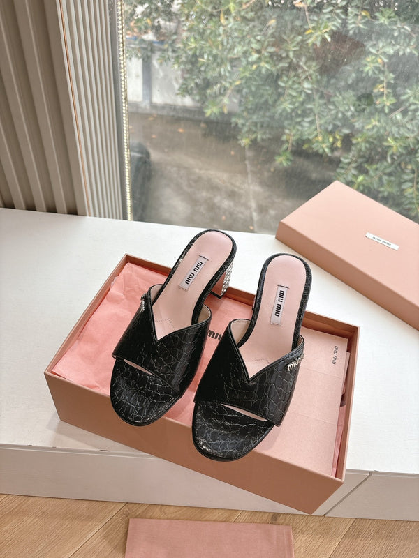 Miu Miu Black Croc Embossed Slide Sandals with Embellished Heel 223920