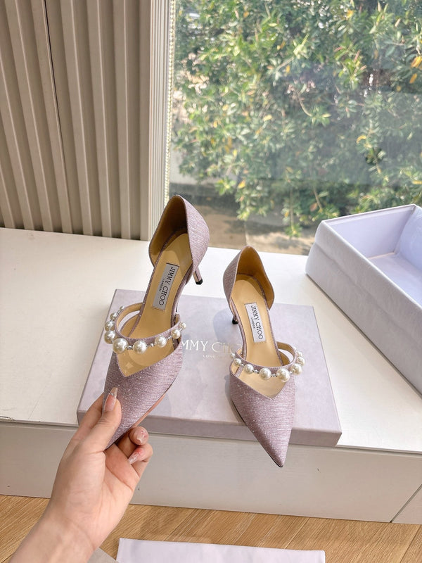 Jimmy Aureli Pearl-embellished Pumps 65mm Muted Pink Glitter 547690