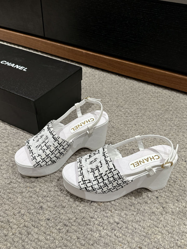 sandalo cc 100 bianco nero tweed paillettes