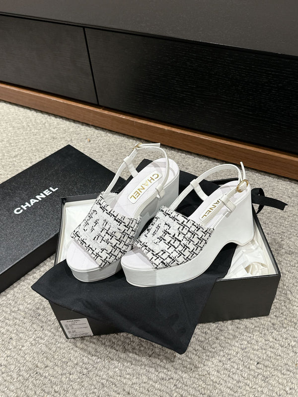 sandalo cc 100 bianco nero tweed paillettes