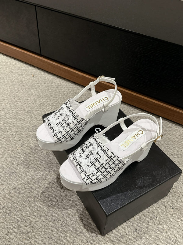 sandalo cc 100 bianco nero tweed paillettes