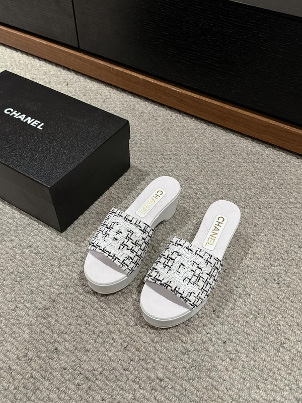 sandalo cc 100 bianco nero tweed paillettes