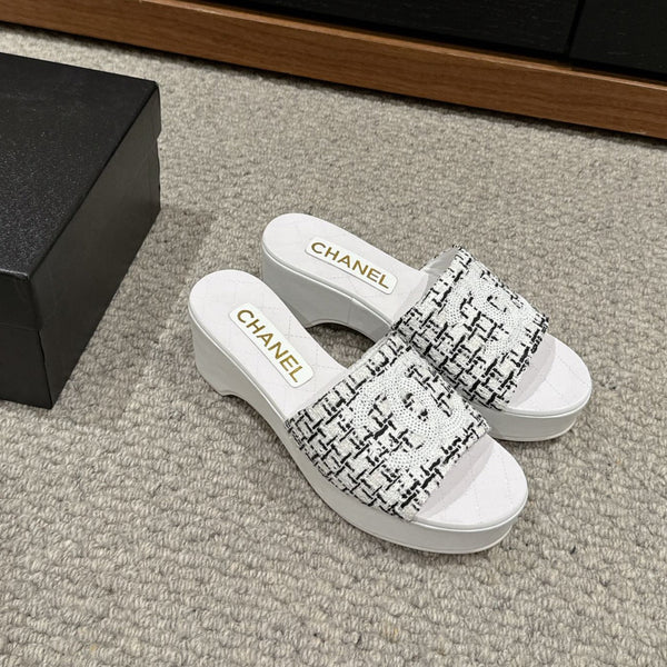 sandalo cc 100 bianco nero tweed paillettes