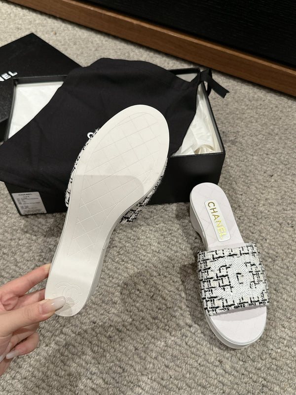 sandalo cc 100 bianco nero tweed paillettes