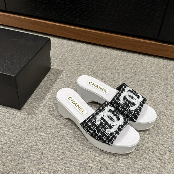 sandalo cc 100 nero bianco tweed paillettes