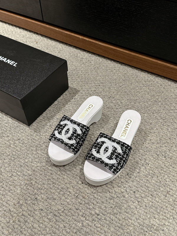 sandalo cc 100 nero bianco tweed paillettes