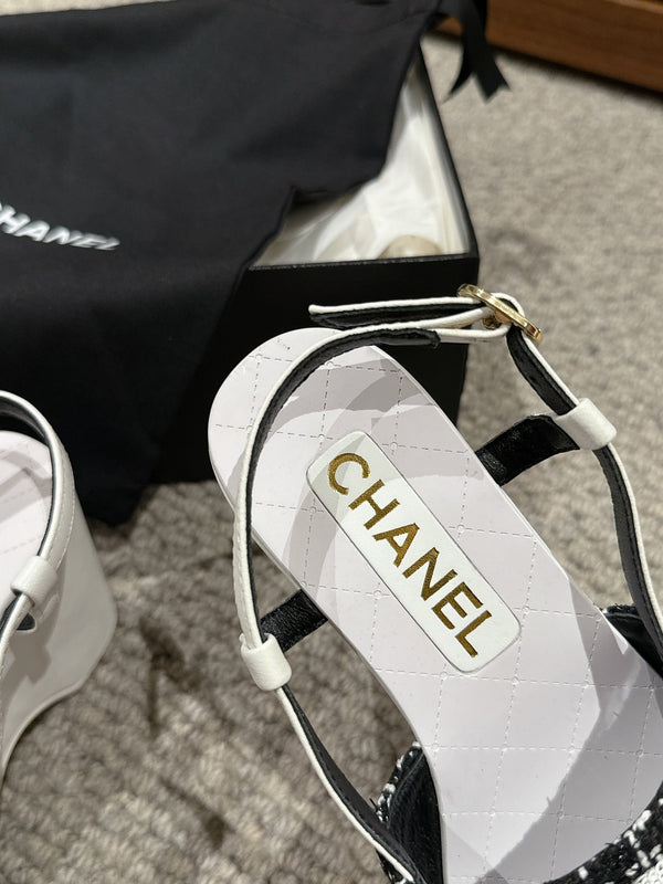 sandalo cc 100 nero bianco tweed paillettes