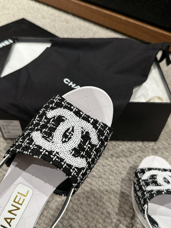 sandalo cc 100 nero bianco tweed paillettes