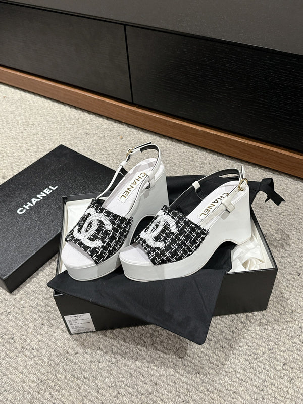 sandalo cc 100 nero bianco tweed paillettes