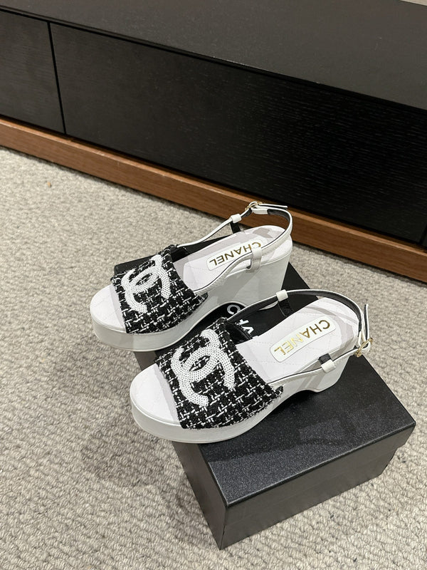 sandalo cc 100 nero bianco tweed paillettes