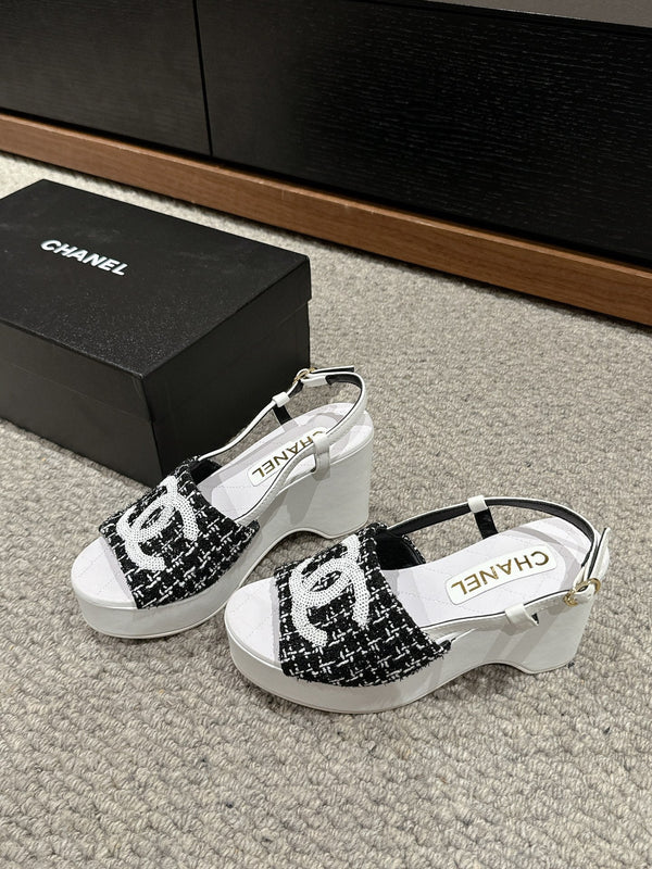 sandalo cc 100 nero bianco tweed paillettes