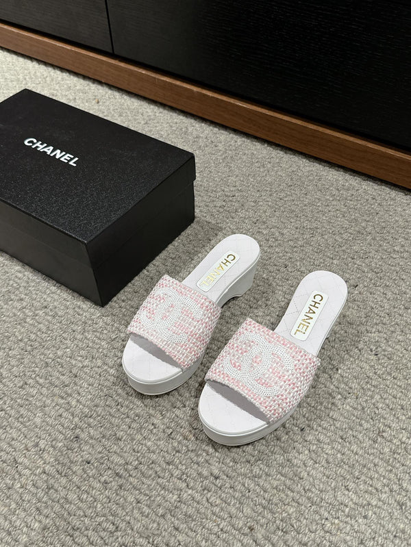sandalo cc 100 rosa bianco tweed paillettes