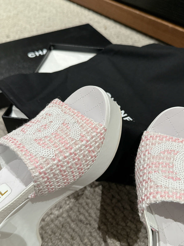 sandalo cc 100 rosa bianco tweed paillettes