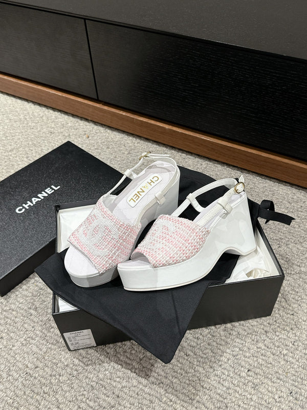 sandalo cc 100 rosa bianco tweed paillettes