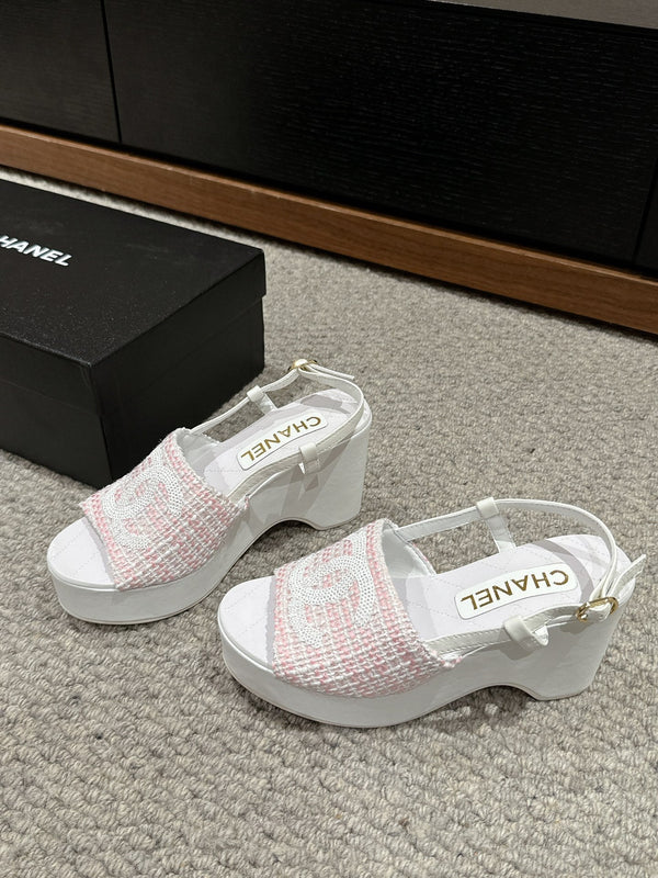sandalo cc 100 rosa bianco tweed paillettes