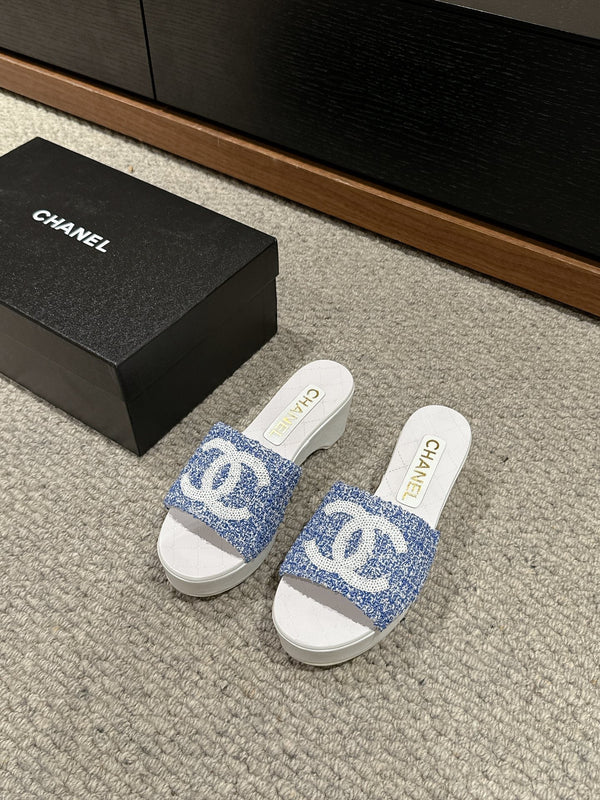 sandalo cc 100 blu bianco tweed paillettes