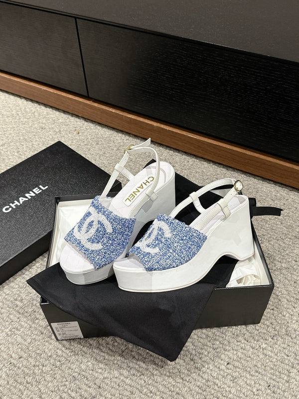sandalo cc 100 blu bianco tweed paillettes