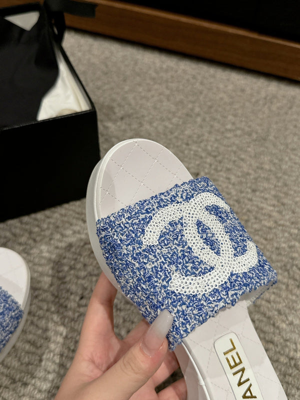 sandalo cc 100 blu bianco tweed paillettes