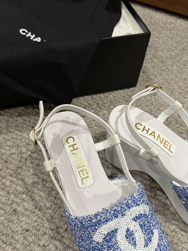 sandalo cc 100 blu bianco tweed paillettes