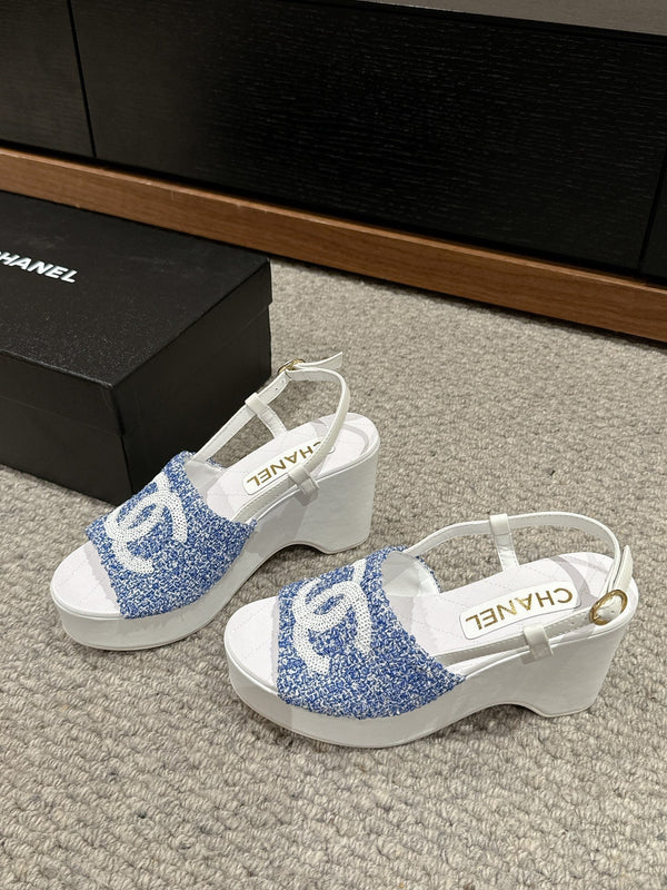 sandalo cc 100 blu bianco tweed paillettes